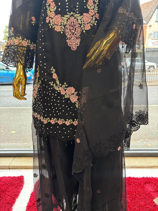 (09) Pakistani occasional embroidered diamonte chiffon ready to wear suit