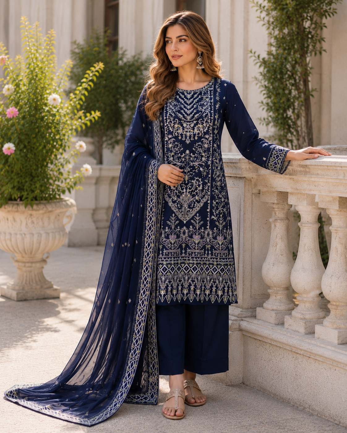 (14) Pakistani Chiffon Embroidered Sequin Suit Ready to Wear with Dupatta