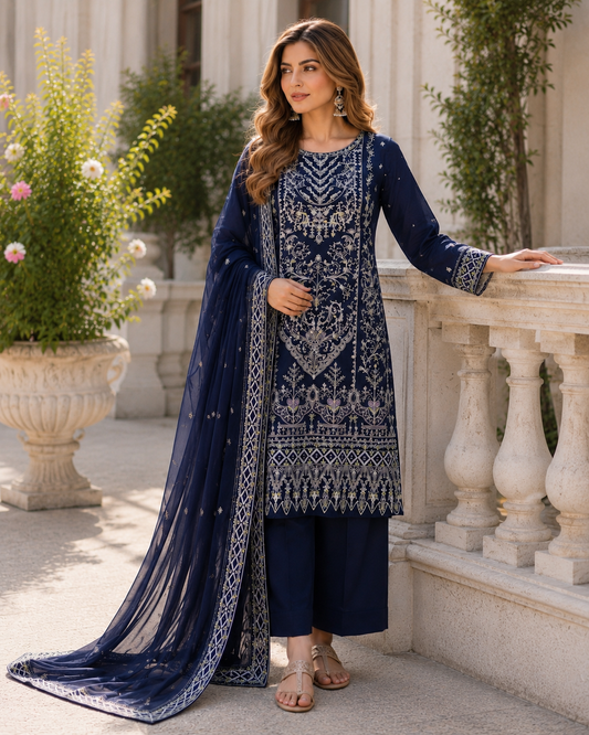 (14) Pakistani Chiffon Embroidered Sequin Suit Ready to Wear with Dupatta