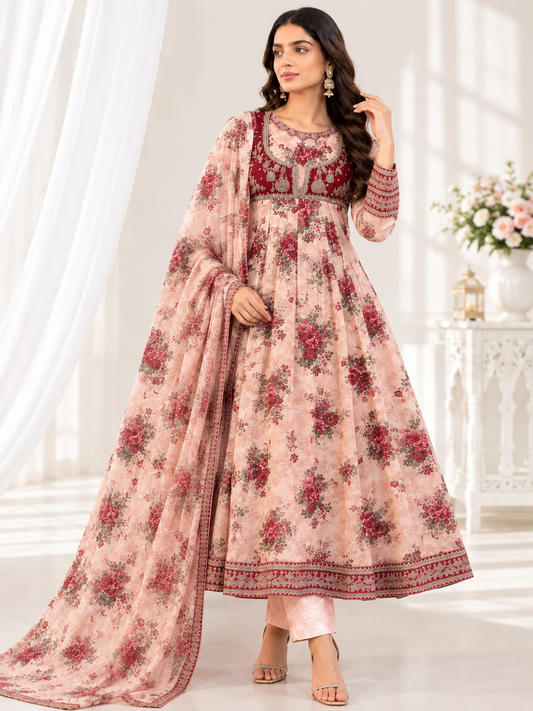 (91) Floral anarkali jacket style  flowing dress sequin lace embroidered chiffon duppatta ready to wear