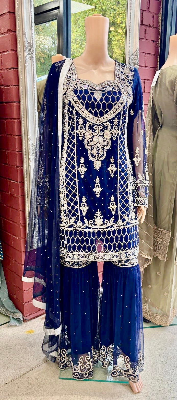 (6) Indian Pakistani elegant diamanté gharara embroidered organza dupatta ready made suit