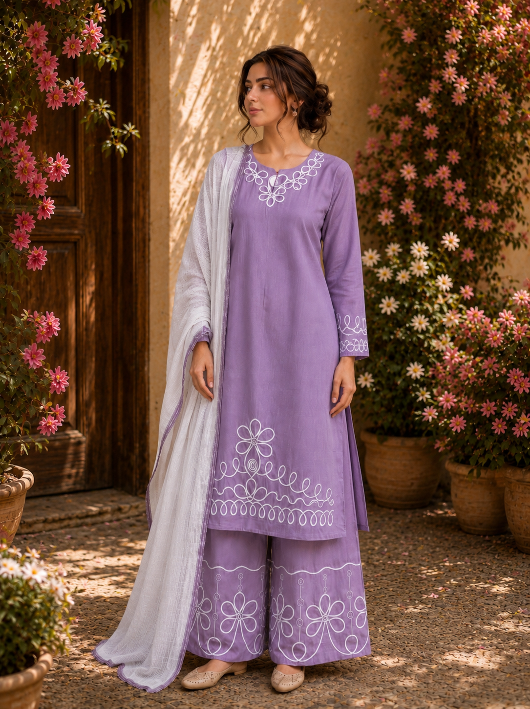 Elegant Linen lined pattern Suit
Crafted from breathable premium linen, this elegant ready-to-wear suit features beautiful white embroidery on the neckline, sleeves, kameez hem, and palazzo trousers.