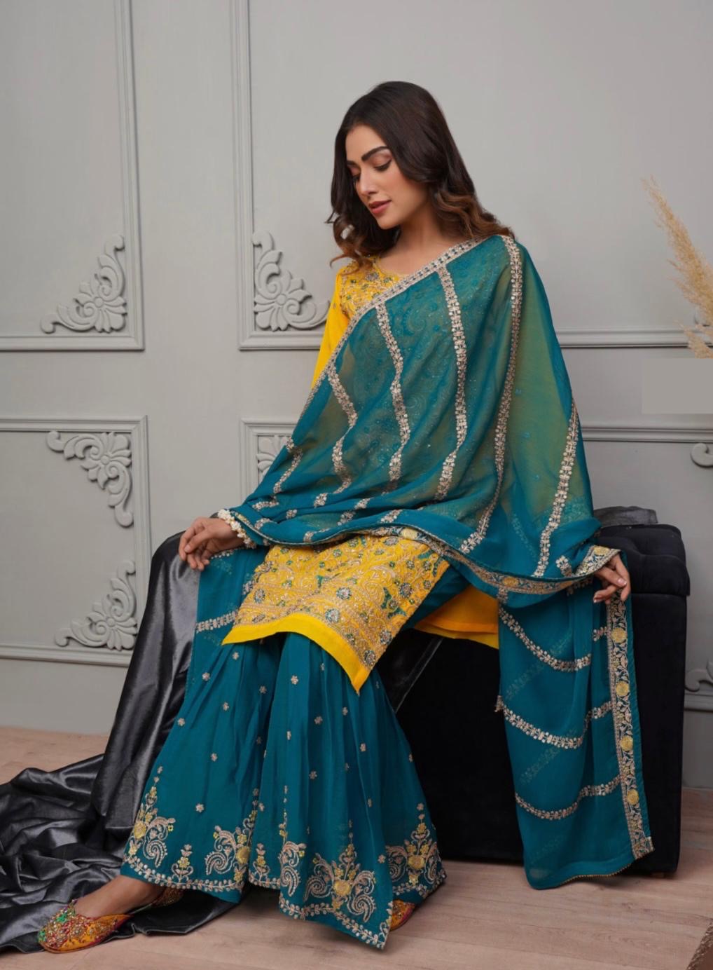 (218) Ladies Pakistani 3-Piece Chiffon Sharara Suit with Gold Embroidery