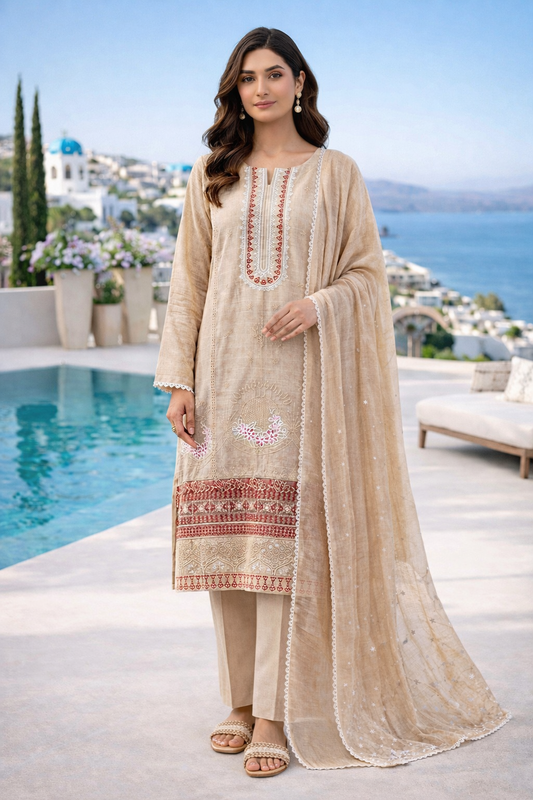(2) Elegant Linen Ready to Wear 3 Piece Suit with Chicken Kari and Lace Dupatta