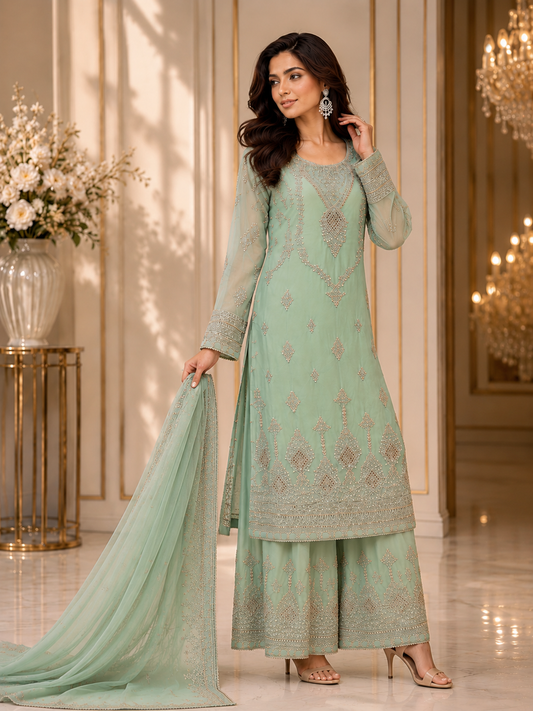 (279) Elegant Chiffon Palazzo Suit | Pearl & Diamante Gold Embroidery