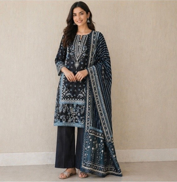 (124) Bin Saeed Floral Lawn Suit | Mirror Buttons & Contrast Dupatta