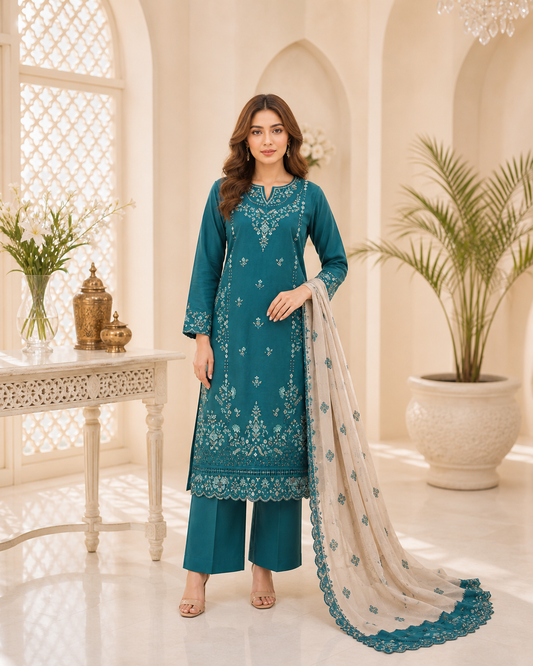 (165) Tawakkal Embroidered Sequin Silky Lawn Suit with Khaddi Dupatta