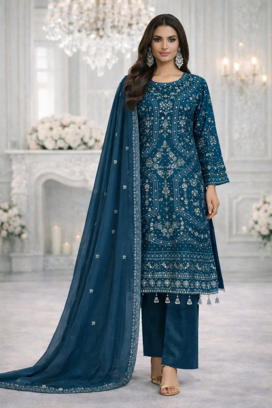 (292) Sequined Chiffon Luxury Suit | Diamante Neck & Dupatta