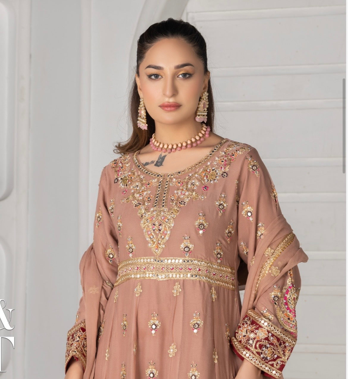 (106) Mocha Crinkle Chiffon Anarkali | Gold Embroidery & Diamante Work