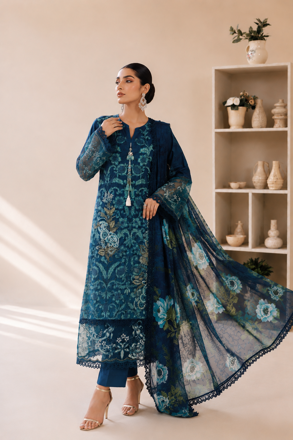 (352) Maria b inspired embroidered arabic lawn embellished pearl sequin printed tissue silk dupatta ready to wear