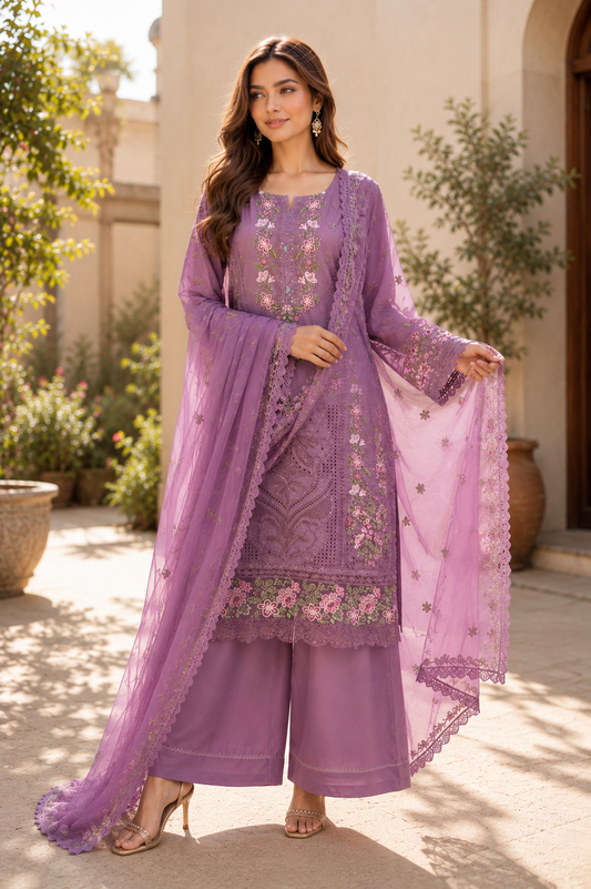 (157) Munira Premium Lawn Suit | Beaded Sequin Embroidery & Chiffon Dupatta