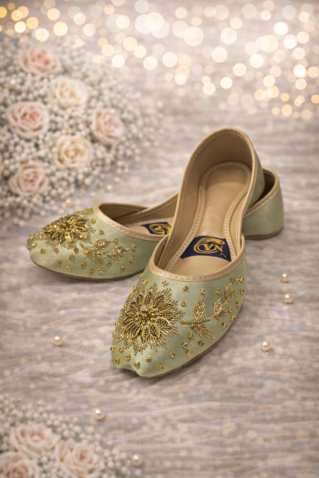 (S1) Handmade Satin Light Green Khusa – Gold Embroidered Punjabi Jutti with Soft Foam Sole