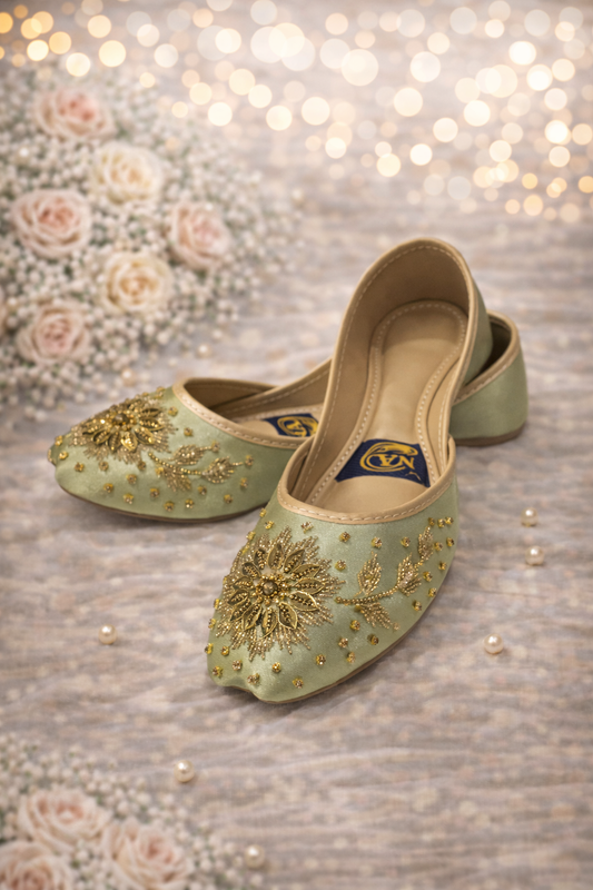 (S1) Handmade Satin Light Green Khusa – Gold Embroidered Punjabi Jutti with Soft Foam Sole
