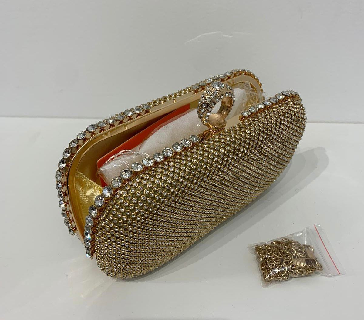 (236) Ladies Round Clutch Bag with Clasp Opening & Long Chain