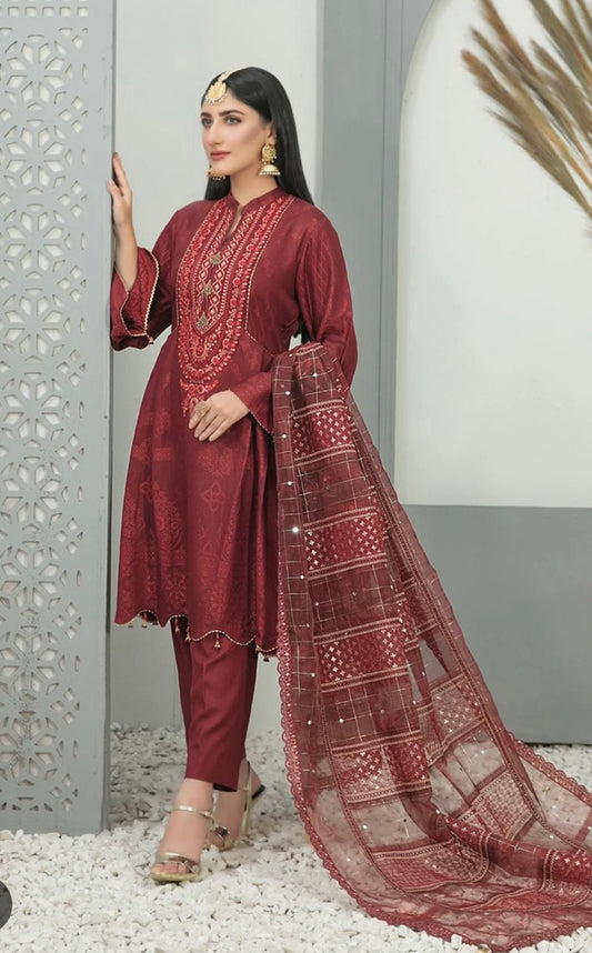 (202) Tawakkal Karandi Suit with Banarsi Organza Embroidered Dupatta