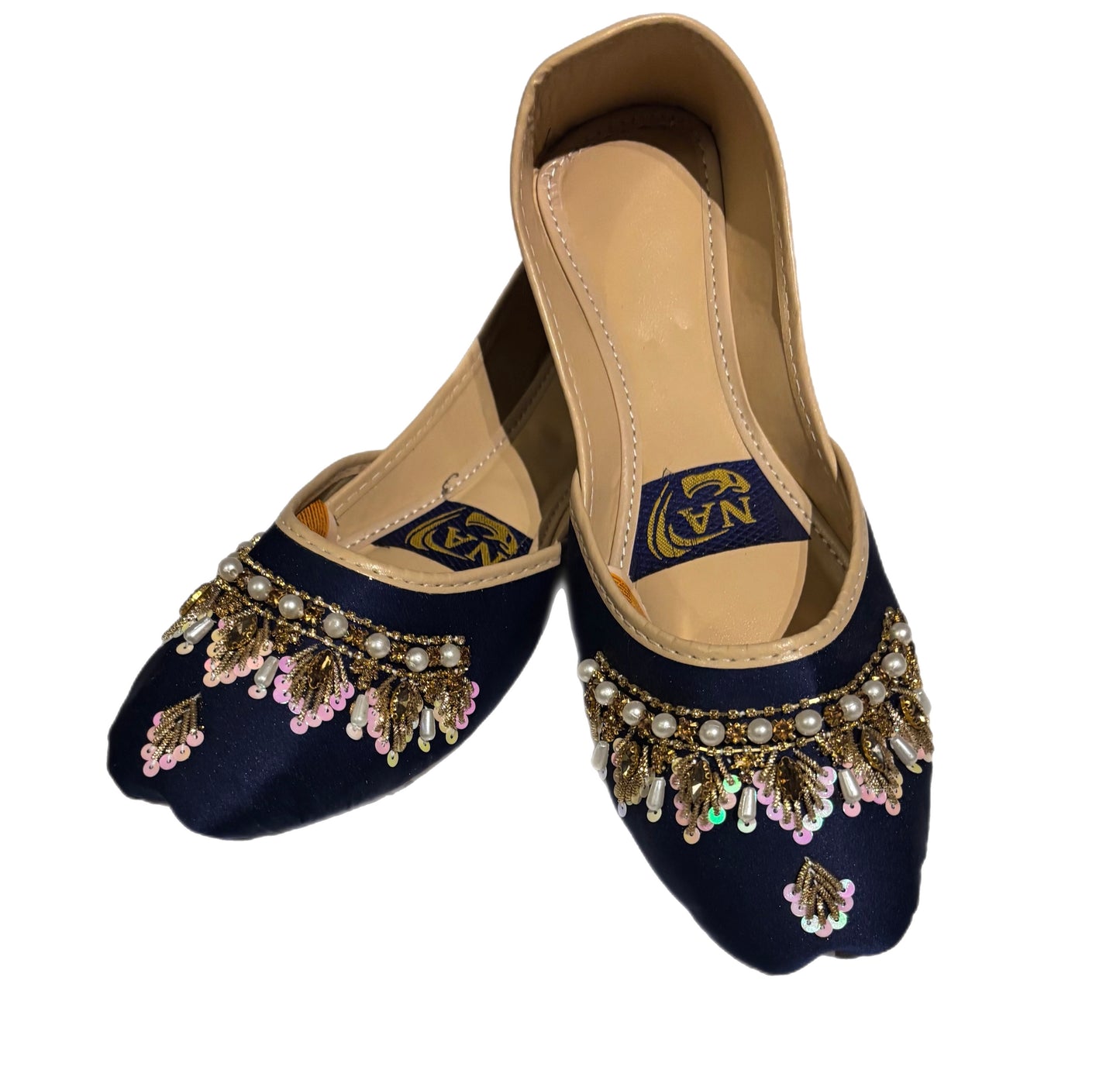 (S10) Handmade Satin Khusa – Gold Embroidered Punjabi Jutti with Soft Foam Comfort