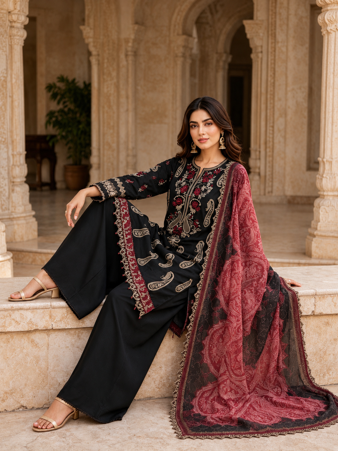 (4) Rangreza pret lawn beautifully thread embroidered lace trim contrast chiffon duppatta plazzo trousers pearl beaded cuff arms ready to wear