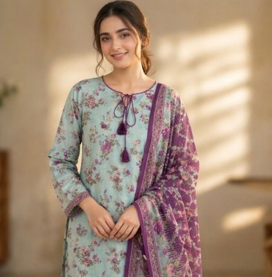 (102) Bin Saeed Floral Lawn Suit | Contrast Dupatta | Ready to Wear