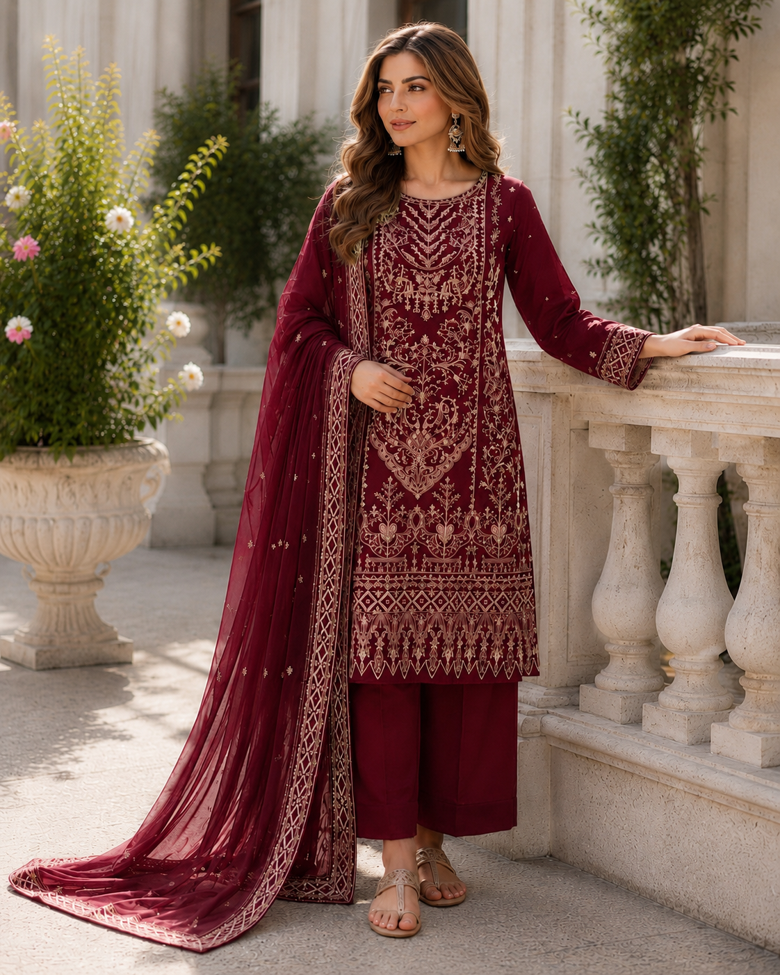 (14) Pakistani Chiffon Embroidered Sequin Suit Ready to Wear with Dupatta