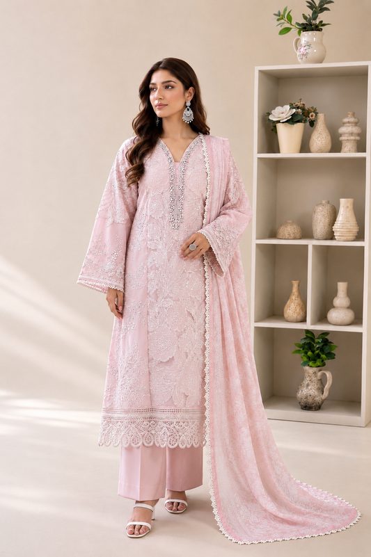 (177) Maria b inspired embroidered arabic lawn embellished pearl diamonte printed tissue silk dupatta ready to wear