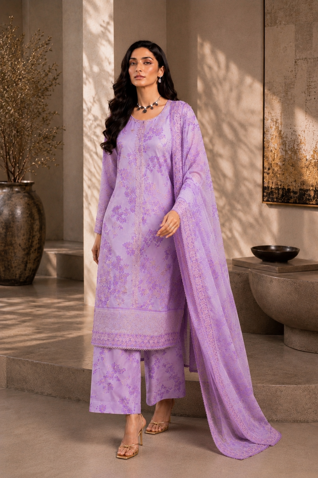 (217) Elegant Floral Printed Lawn Suit | Gold Thread & Sequin Embroidery