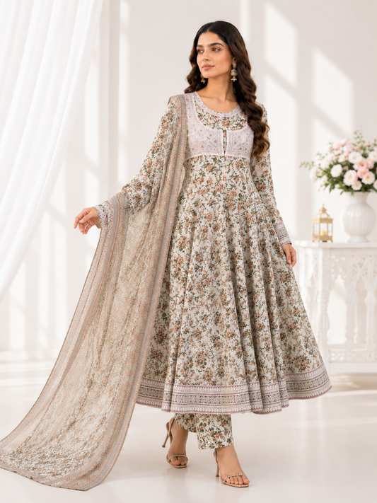 (88) Floral anarkali jacket style flowing dress sequin lace embroidered chiffon duppatta ready to wear