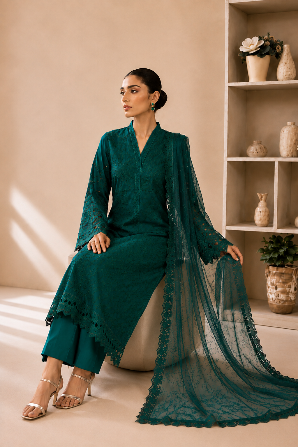 (351) Maria b inspired embroidered arabic lawn lace cutwork pearl sequins printed chiffon dupatta ready to wear
