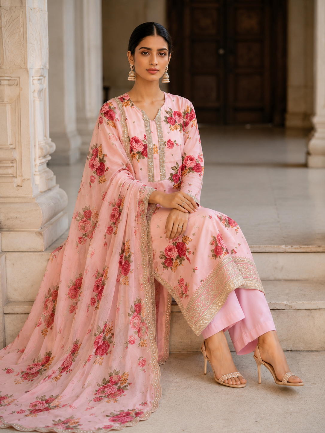 Stunning Floral pink chiffon fully lined kameez gold thread embroidery chiffon duppatta viscose trousers