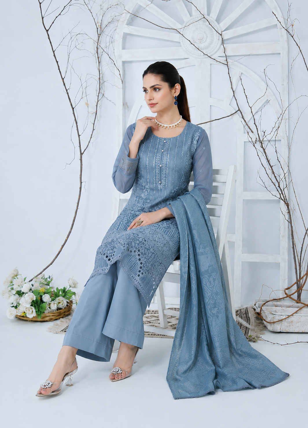 (277) Ready Made Organza Suit | Sequin Chikankari Embroidery