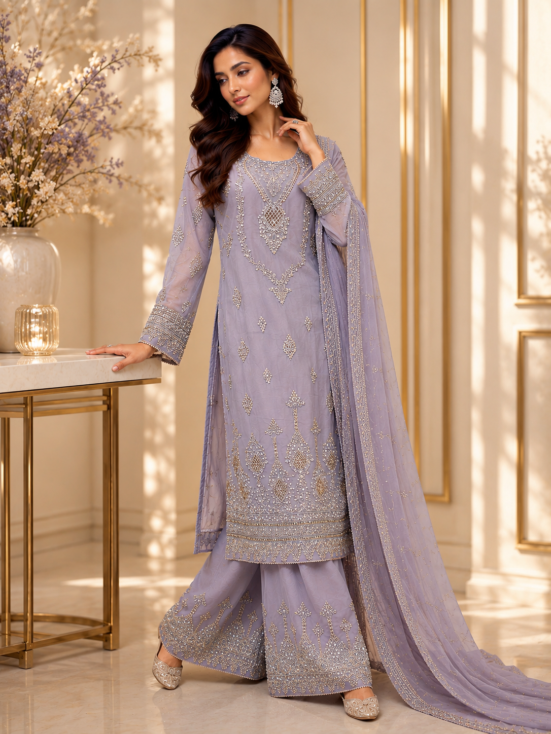 (284) Elegant Chiffon Palazzo Suit | Pearl & Diamante Gold Embroidery