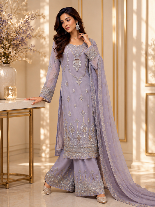 (284) Elegant Chiffon Palazzo Suit | Pearl & Diamante Gold Embroidery