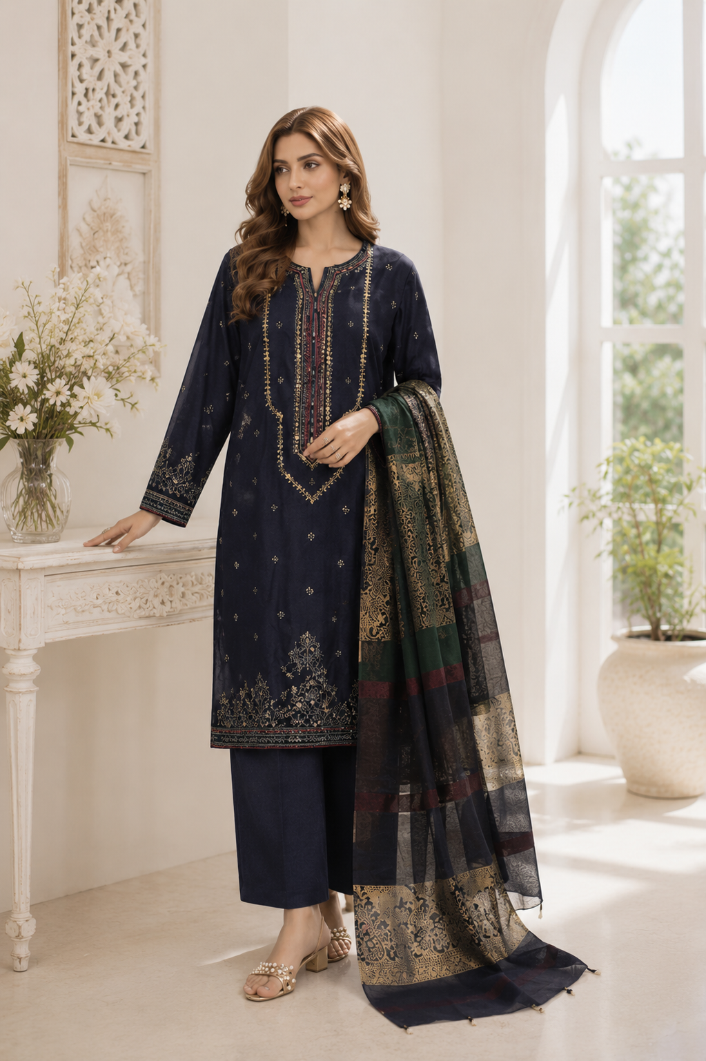 (234) Dhanak Embroidered Ready-Made Suit with Shawl – Elegant & Timeless