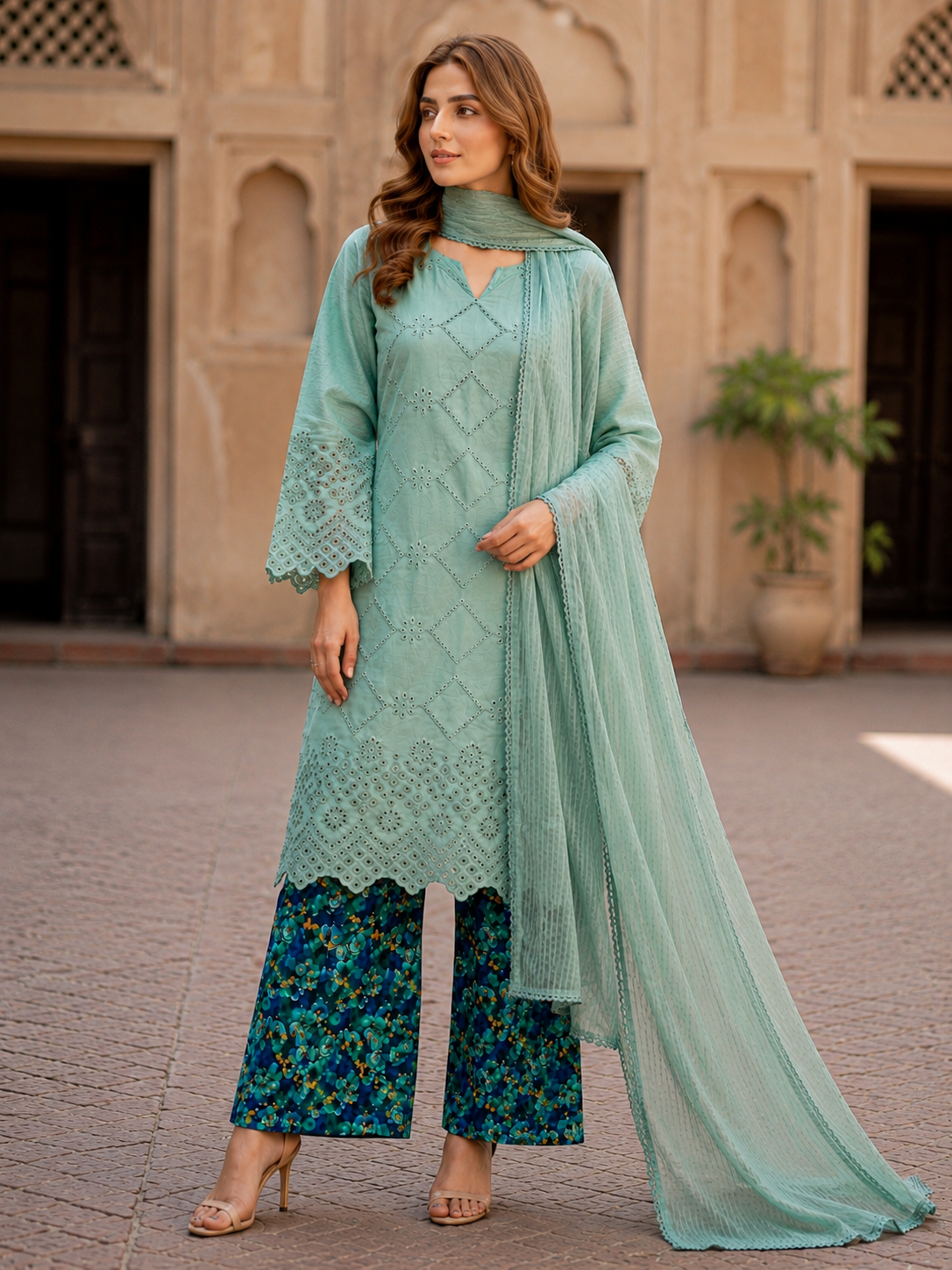 (225) Chikankari Embroidered Lawn Suit with Matching Dupatta & Palazzo Trousers – Perfect Comfy Summer Wear