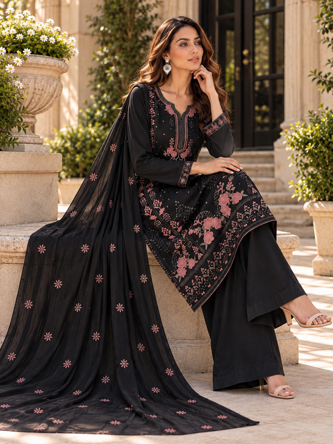 (358) Abeeha black suit features a soft, comfortable viscose kameez beautifully finished with delicate floral embroidery. Paired with coordinating trousers and a stunning lightweight Bamber dupatta, it’s the perfect