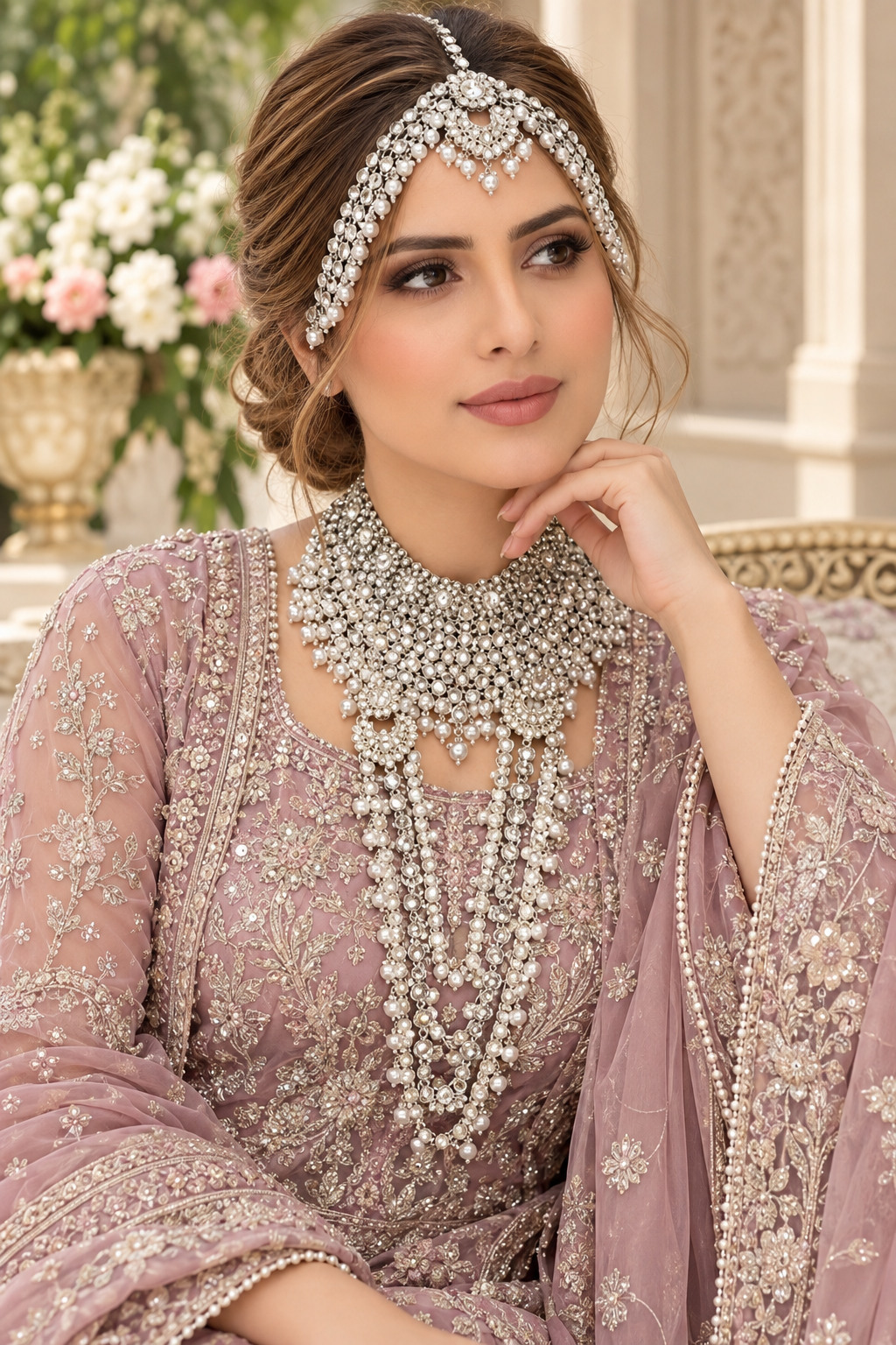 Luxury Pakistani eight piece stone-work wedding jewellery set featuring a choker, long necklace, earrings, tikka, matha patti, nose ring and hand jewellery. Perfect for weddings, parties and special occasions