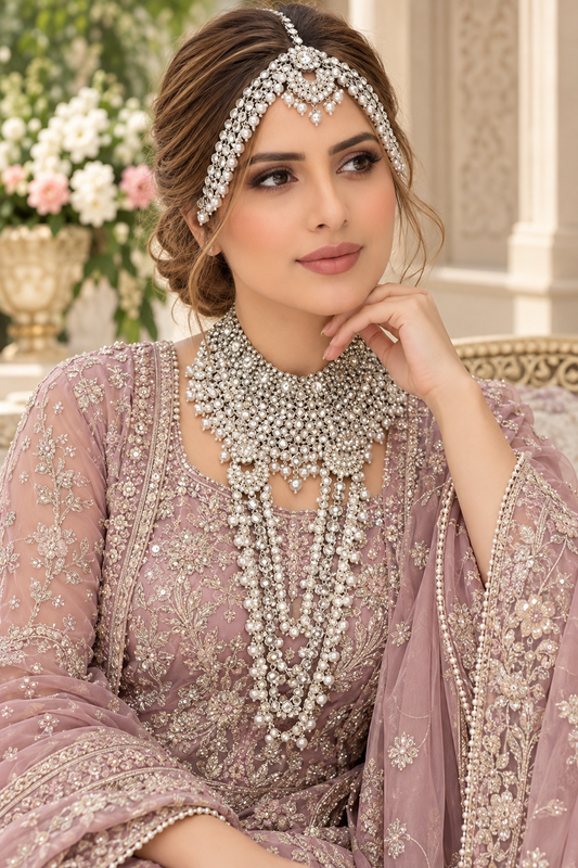 Luxury Pakistani eight piece stone-work wedding jewellery set featuring a choker, long necklace, earrings, tikka, matha patti, nose ring and hand jewellery. Perfect for weddings, parties and special occasions