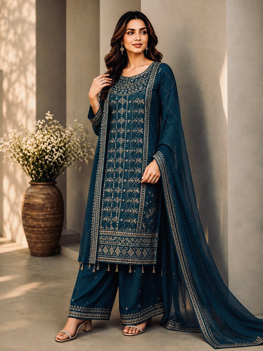 (163) elegant teal elegant gold embroidered chiffon fully lined detailed plazzo ready to wear