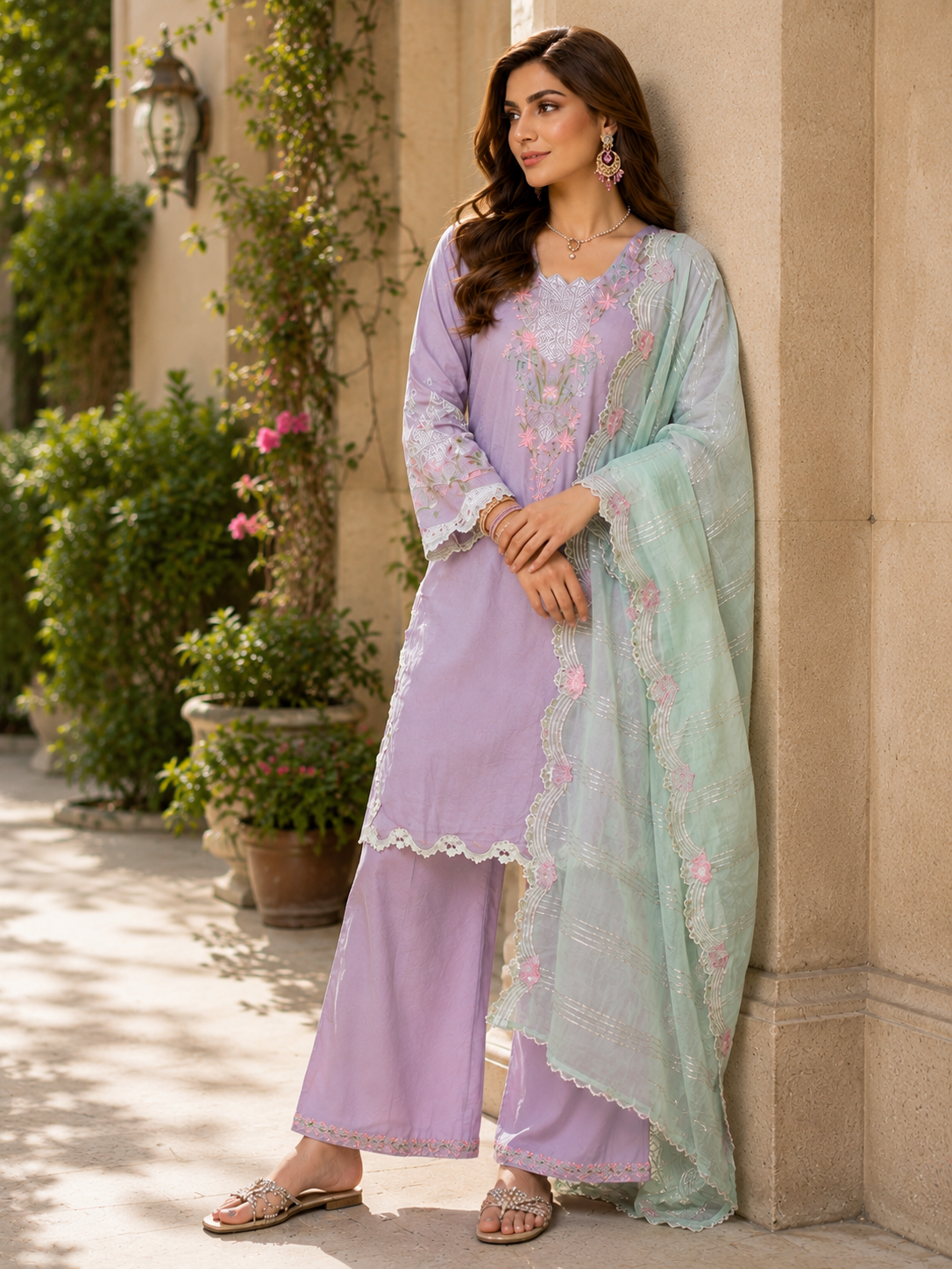 (249) Floral Lace Viscose Farshi Shalwar Suit | Ready-Made Elegance