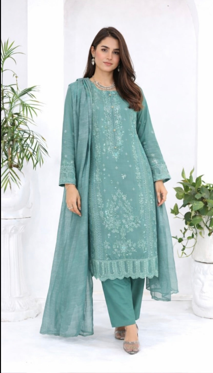 (349) Teal Chikankari Viscose Suit | Sequin Embroidery | Ready to Wear