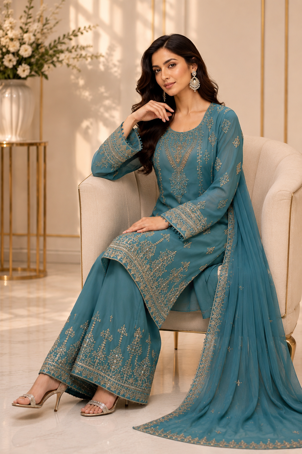 (285) Elegant Chiffon Palazzo Suit | Pearl & Diamante Gold Embroidery
