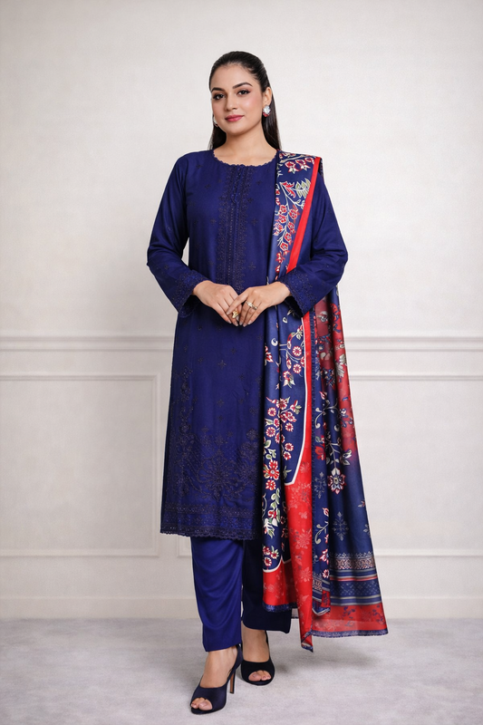 (140) Luxury Pakistani Dhanak Embroidered Suit & Digital Printed Shawl
