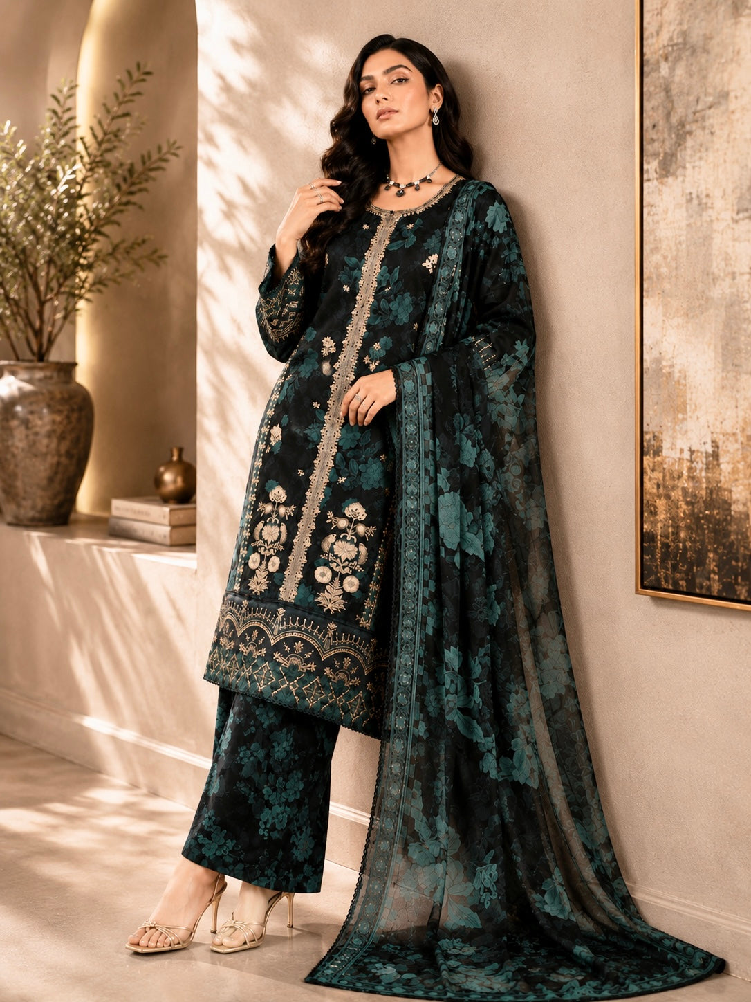 (213) Elegant Floral Lawn Suit | Gold Thread & Sequin Embroidery