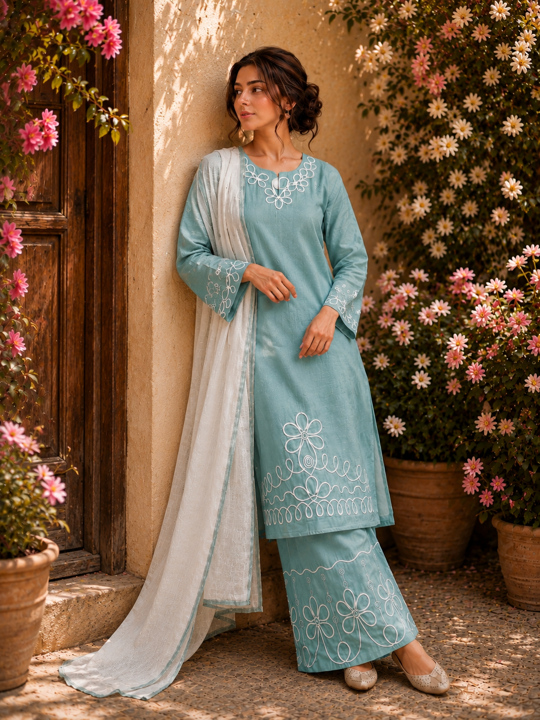 Elegant Linen lined pattern Suit
Crafted from breathable premium linen, this elegant ready-to-wear suit features beautiful white embroidery on the neckline, sleeves, kameez hem, and palazzo trousers.