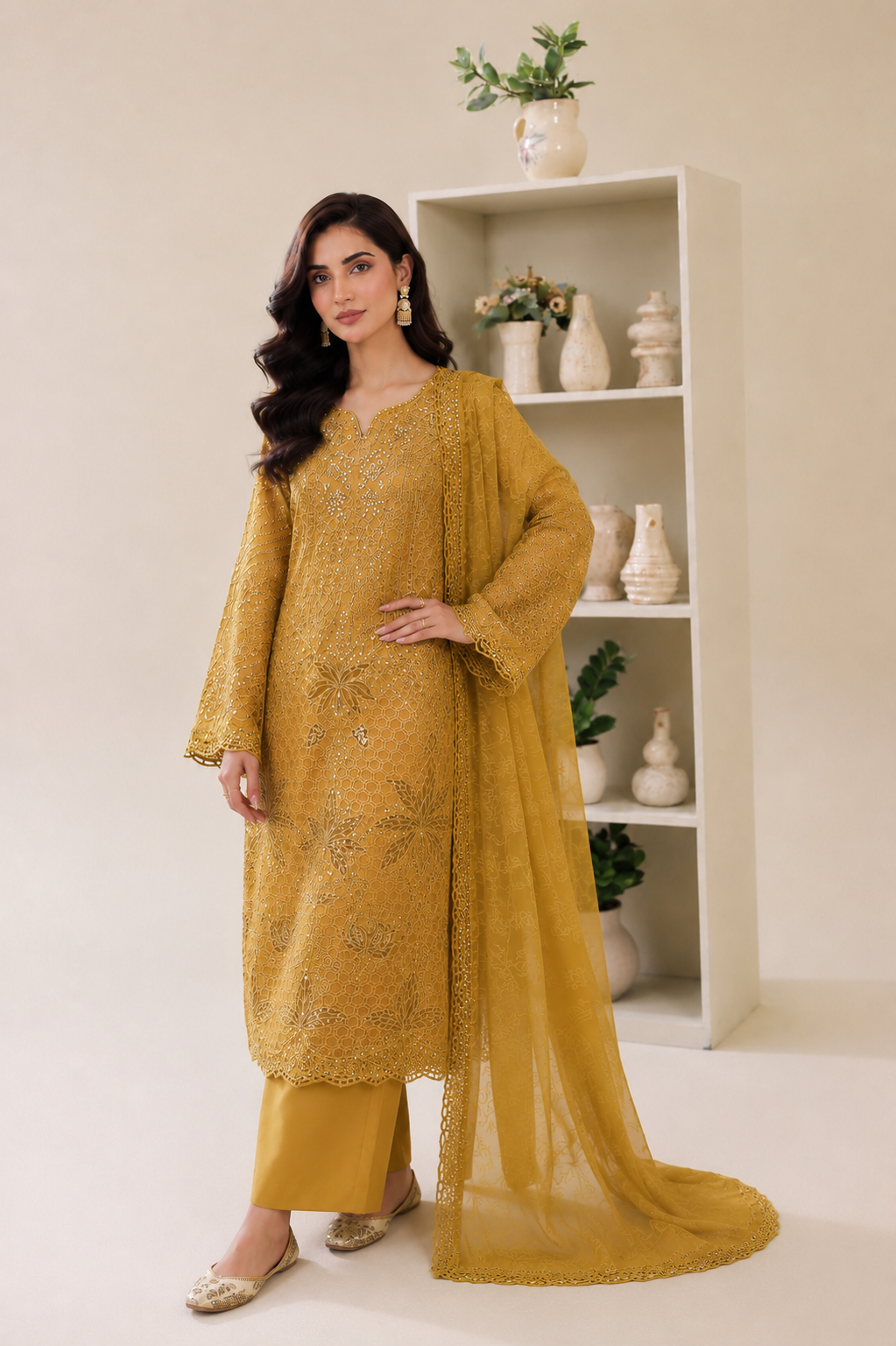 (182) Maria b inspired embroidered arabic lawn lace cutwork pearl sequins printed tissue silk dupatta ready to wear