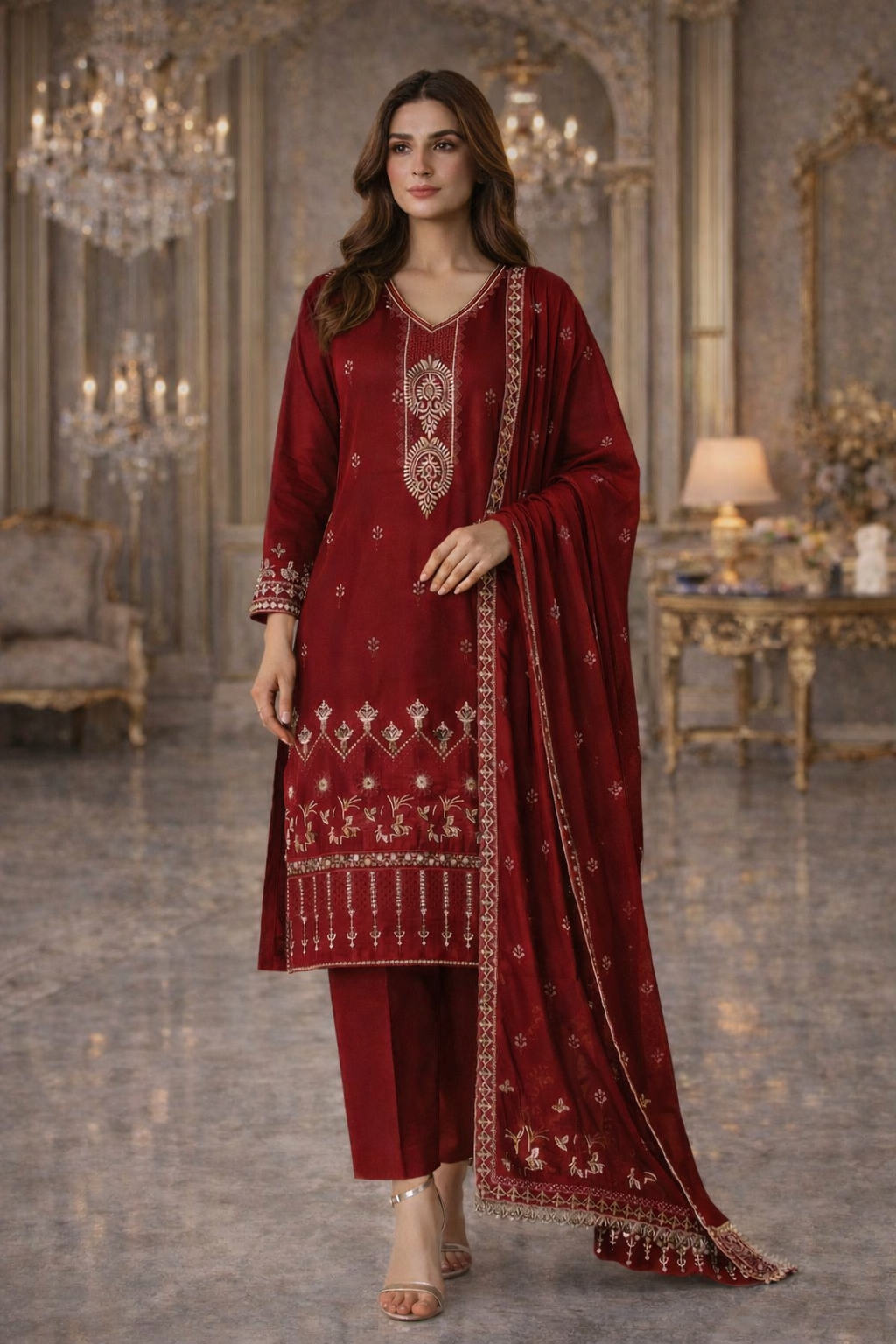 (346) Soft Lightweight Silky Viscose suit Embroidered Chiffon Dupatta Designed for Comfortable Ready-to-Wear Elegance
