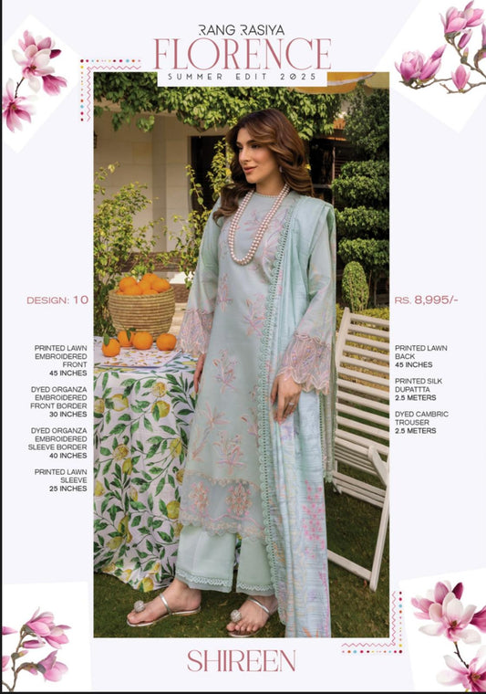 (108) Rang Rasiya Shireen Florence Summer Edit 2025 – Ready-to-Wear Lawn Suit with Printed Silk Dupatta