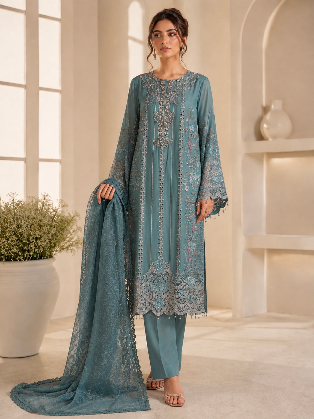 (124) Maria b chiffons inspired lace beaded diamonte neck floral chiffon kameez chiffon duppatta ready to wear