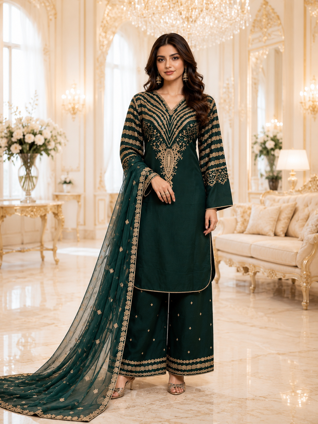 (290) Green Viscose Palazzo Suit | Gold Thread & Sequin Embroidery