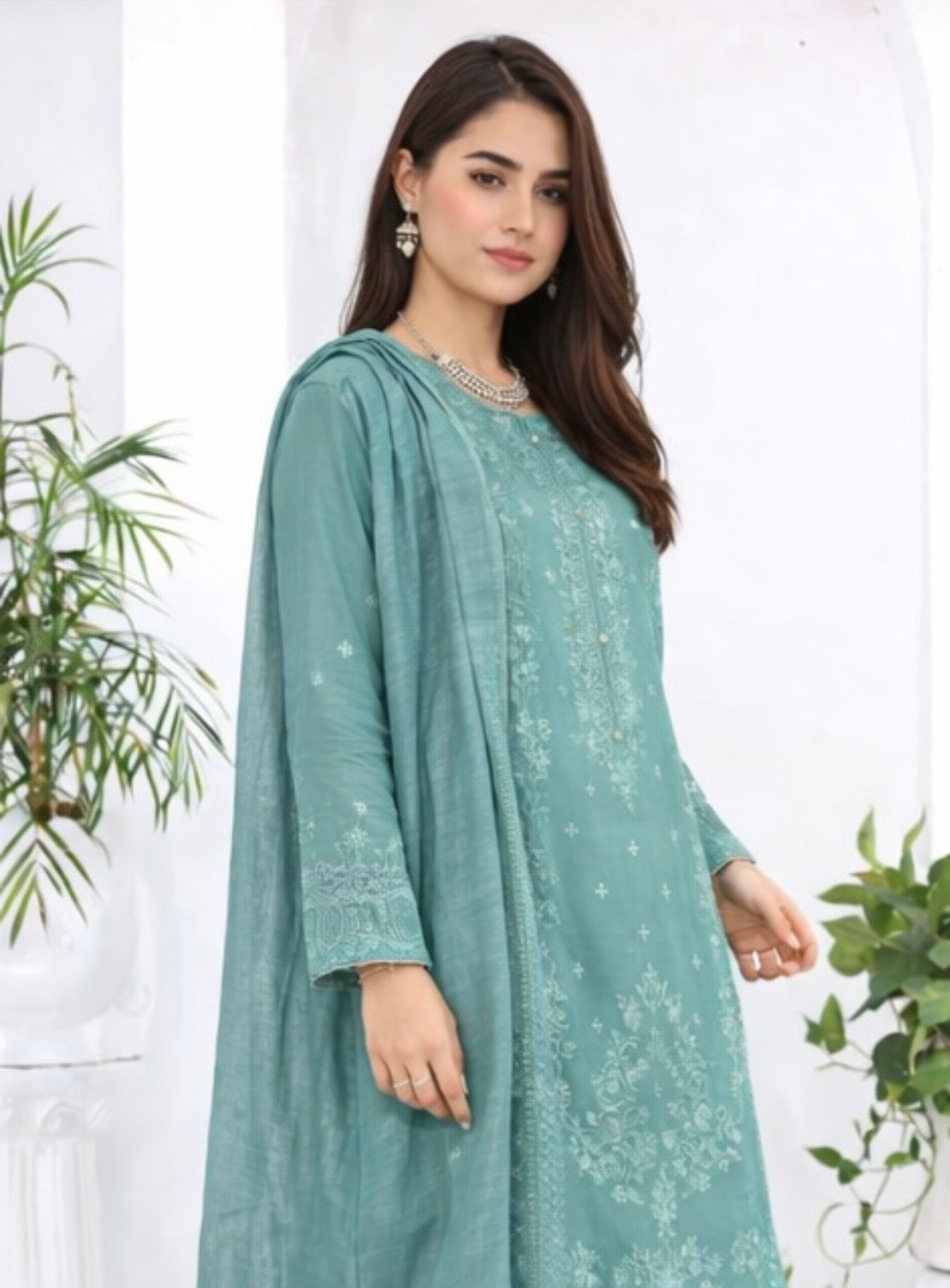 (349) Teal Chikankari Viscose Suit | Sequin Embroidery | Ready to Wear