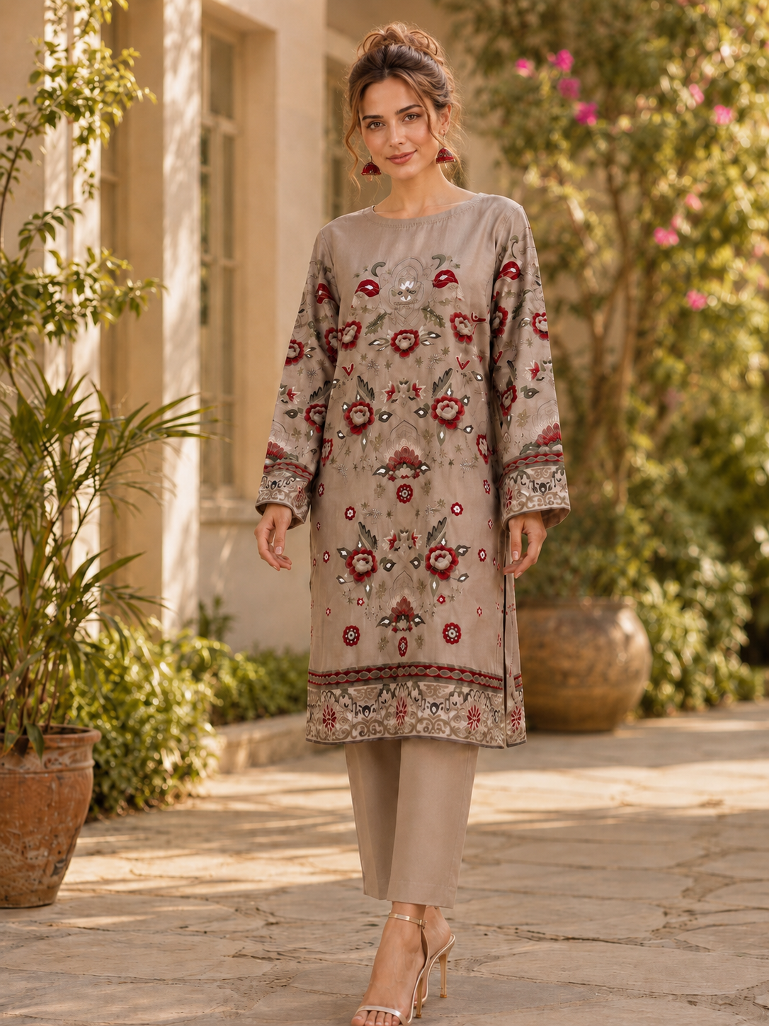 Tawakkal beige printed comfy two peice linen co ord set ready to wear